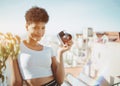 Biracial lady with vintage film photo camera Royalty Free Stock Photo